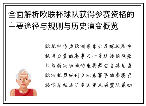 全面解析欧联杯球队获得参赛资格的主要途径与规则与历史演变概览